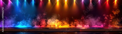 The banner background of an empty stage with colorful spotlights and copy space