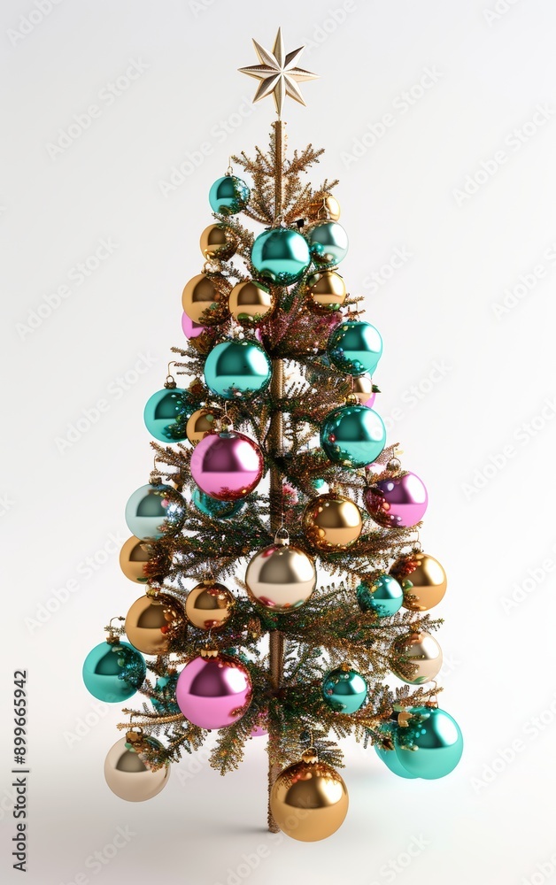 Elegant Christmas tree adorned with shiny ornaments, featuring vibrant colors and a golden star on top, perfect for festive decor. Elegant Christmas tree adorned with shiny ornaments, featuring vibrant colors and a golden star on top, perfect for festive decor.