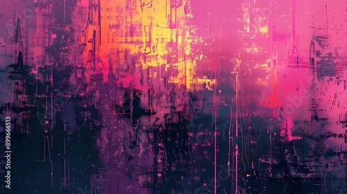 A vibrant urban sunset depicted in an abstract style with streaks of pink and purple over a city silhouette.