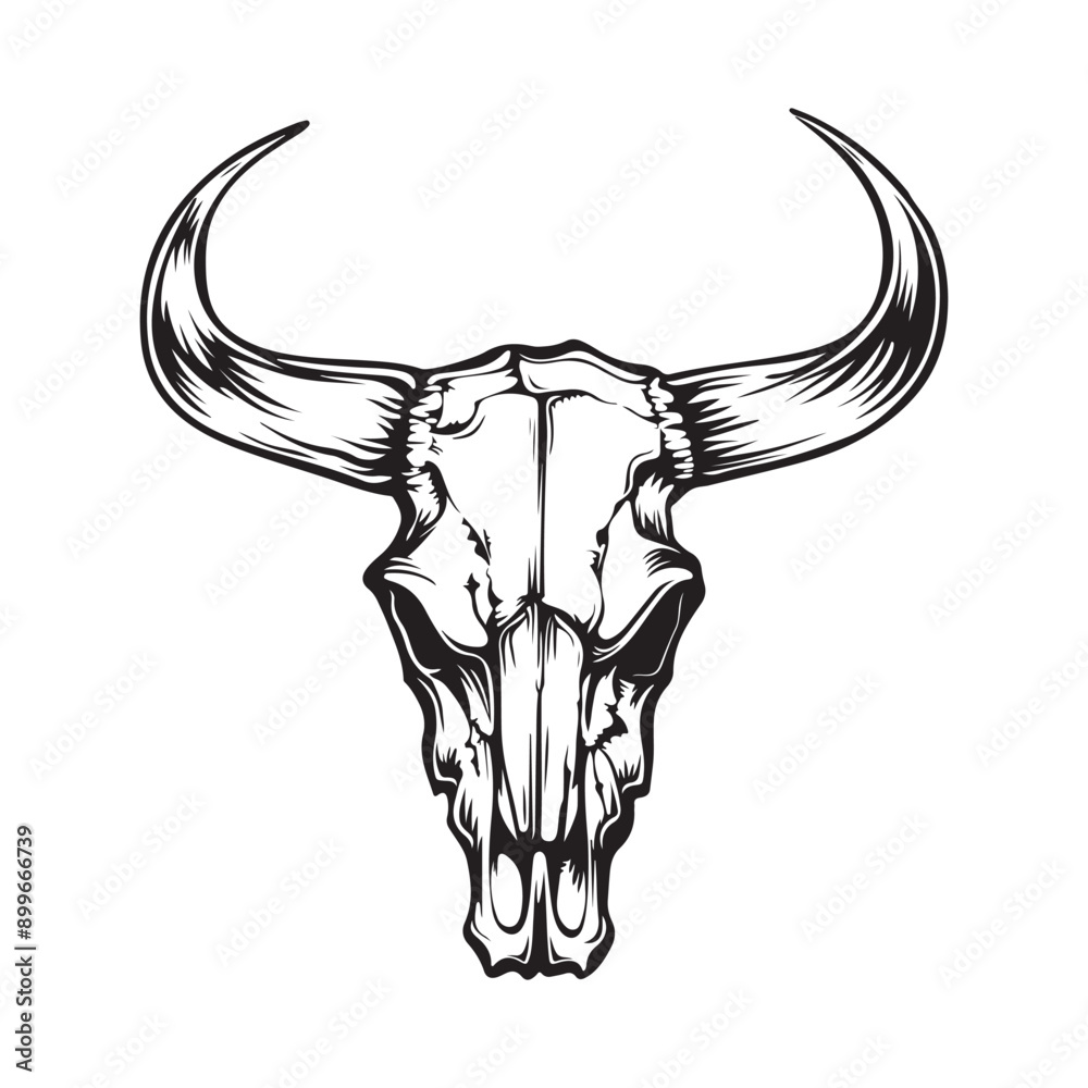 Fototapeta premium Bull Skull Black White Vector Illustration Stock Vector isolated on white background