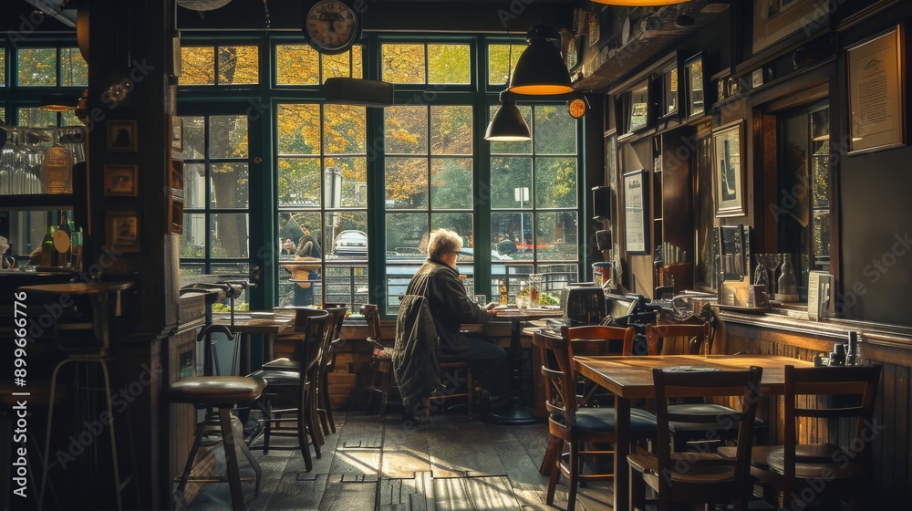 An elderly man sits alone, reading a book in a cozy cafe. The warm lighting and vintage decor create an intimate and nostalgic atmosphere, perfect for themes of solitude, relaxation, and timeless An elderly man sits alone, reading a book in a cozy cafe. The warm lighting and vintage decor create an intimate and nostalgic atmosphere, perfect for themes of solitude, relaxation, and timeless