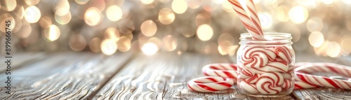 Festive candy canes in a jar, perfect for holiday decorations or sweet treats, adding a cheerful touch to any celebration.