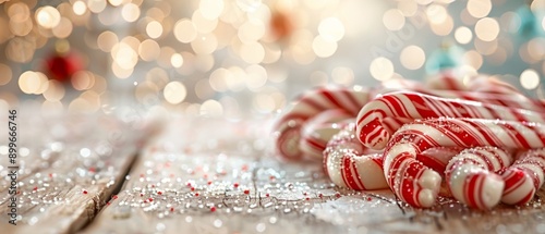 Festive candy canes on a rustic wooden table, surrounded by sparkling lights, perfect for holiday celebrations and seasonal decor.