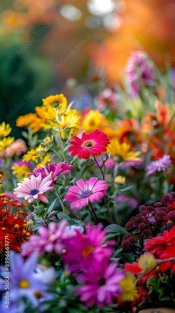 Obraz premium Vibrant Autumn Garden with Diverse Colorful Flowers and Lush Foliage
