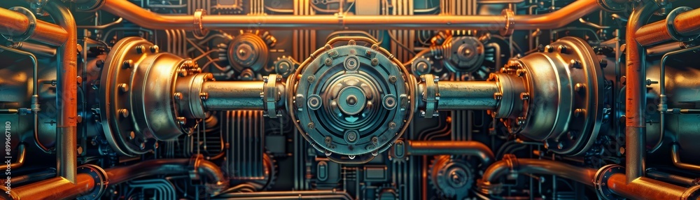 Fototapeta premium Industrial machinery with complex gears and pipes, showcasing intricate design and engineering in a close-up view.
