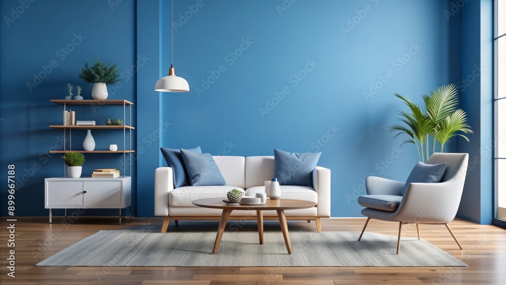 Obraz premium Minimalist living room with calming blue accent wall, modern white chair, and stylish decorative objects on a sleek coffee table.