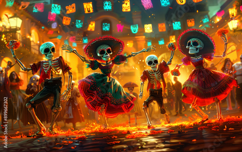 Skeletons wearing traditional clothes are dancing during dia de los muertos celebration in mexico photo