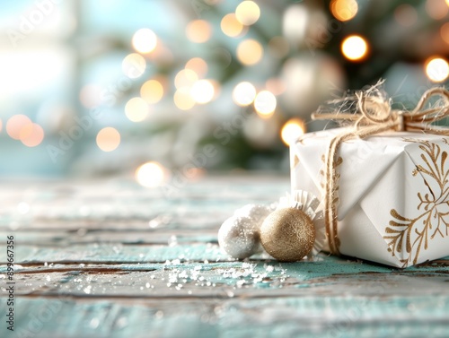 Festive gift wrapped in elegant design, placed on rustic wooden table, surrounded by sparkling bokeh lights and holiday ambiance.