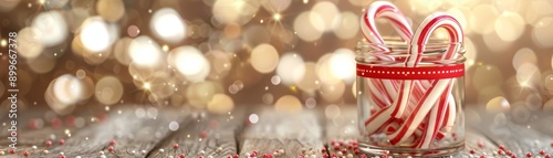 Festive glass jar filled with striped candy canes, set against a sparkling golden background, perfect for holiday decor.