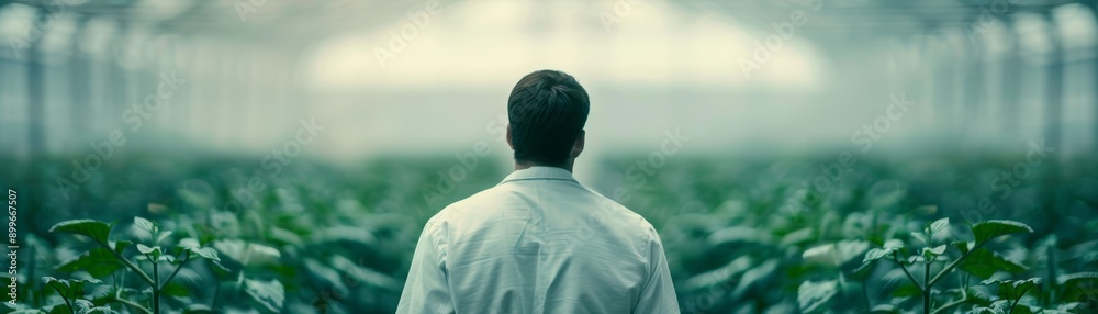 Scientist observing lush green plants in a modern greenhouse, showcasing growth and innovation in sustainable agriculture. Scientist observing lush green plants in a modern greenhouse, showcasing growth and innovation in sustainable agriculture.