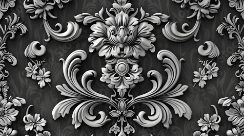 Classic baroque floral pattern in ornate style with high contrast black and silver detailing.