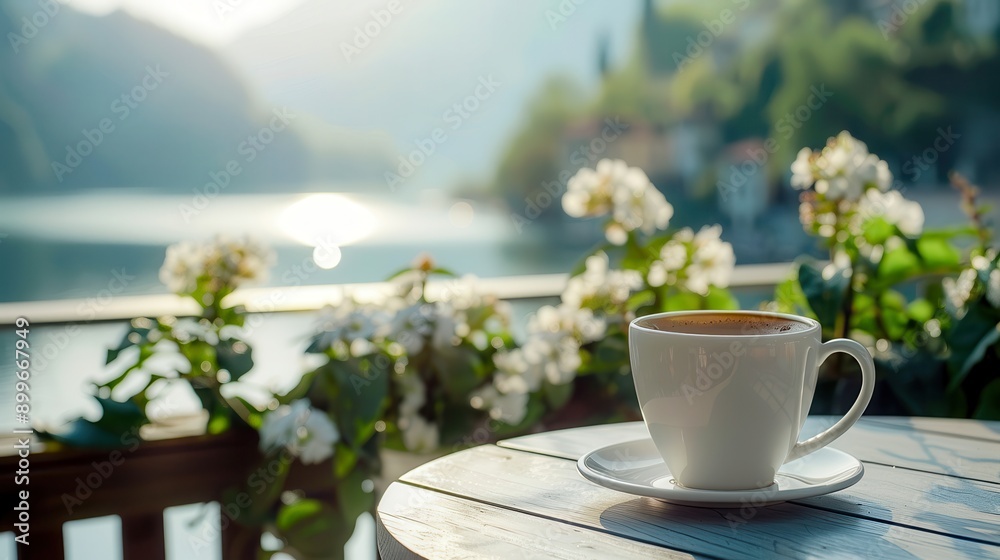 A cozy and relaxing moment of morning coffee on the terrace in the early morning. A cup of coffee, breakfast and a picturesque view A cozy and relaxing moment of morning coffee on the terrace in the early morning. A cup of coffee, breakfast and a picturesque view