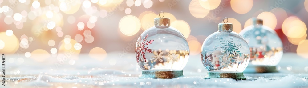 Festive snow globes capturing the spirit of winter and holidays, adorned with intricate decorations and shimmering lights. Festive snow globes capturing the spirit of winter and holidays, adorned with intricate decorations and shimmering lights.