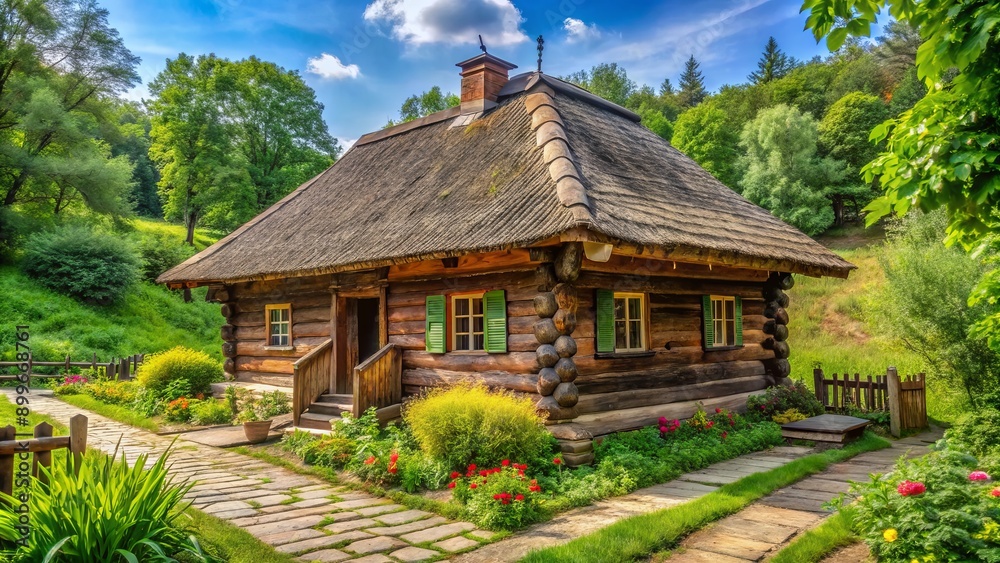 Rustic wooden house with ornate carvings and traditional Ukrainian architecture stands amidst lush greenery in open-air folk museum setting. Rustic wooden house with ornate carvings and traditional Ukrainian architecture stands amidst lush greenery in open-air folk museum setting.