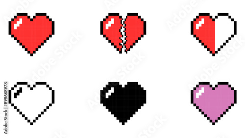 heart icon set, 6 heart icon set, red heart, broken heart, black heart, white heart, pink heart, white background, heart icon for videogames, pixel art.