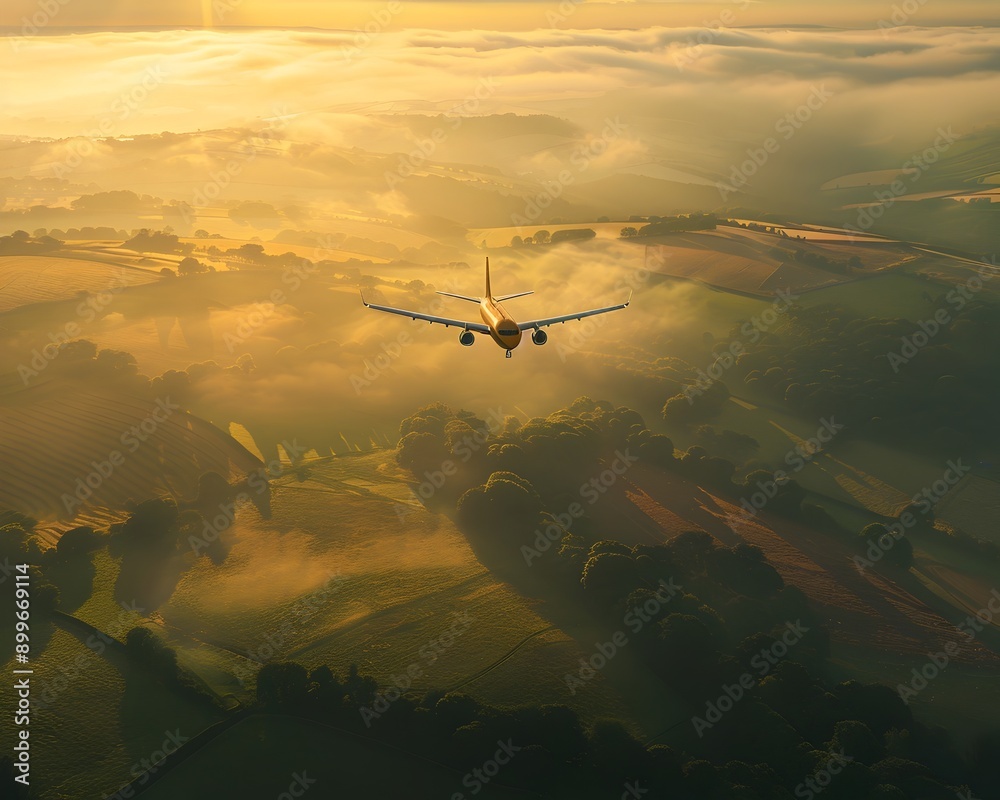 Naklejka premium Aerial View of Serene Rural Landscape at Dawn with Airplane in Flight