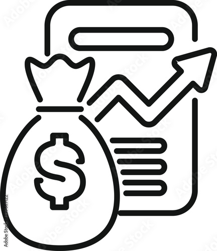 Line art icon of a smartphone displaying financial success with a growing arrow chart and a money bag