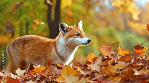 Cute Red Fox, Vulpes vulpes in fall forest. Beautiful animal in the nature habitat. Wildlife scene from the wild nature, Germany, Europe. Cute animal in habitat. Red fox running on orange autumn leave