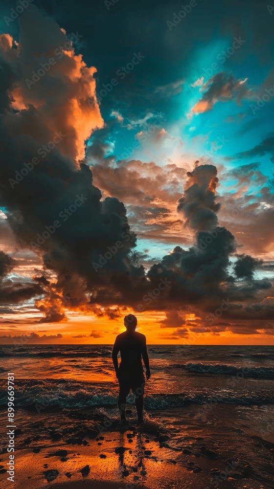 Golden sun dips below vibrant clouds as waves kiss the shore Golden sun dips below vibrant clouds as waves kiss the shore
