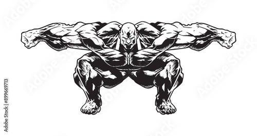 Heavy Bodybuilder Posing Muscles in Sitting Position Exercise Clipart Art Vector for T-shirts and Wall Decal Workout Athletic Gym Muscle Fitness Beast Barbell Healthy Wall Sticker for Decor