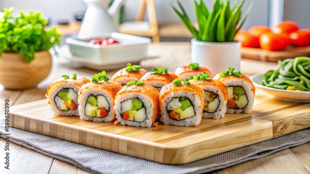 Freshly prepared sushi rolls with filling ingredients sitting on a wooden cutting board against a clean white kitchen background. Freshly prepared sushi rolls with filling ingredients sitting on a wooden cutting board against a clean white kitchen background.