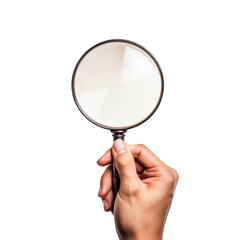 Hand holding magnifying glass isolated on transparent background
