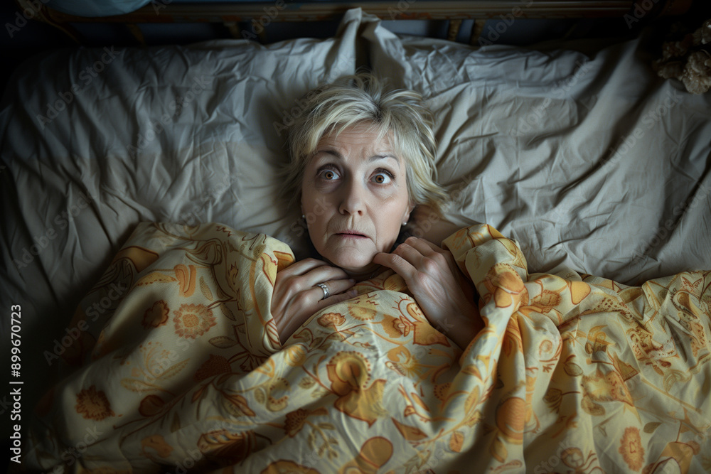 A middle-aged woman is lying on the low bed, wide-eyed and worried. She clutches the quilt tightly, conveying a sense of anxiety and restlessness in the dimly lit room. A middle-aged woman is lying on the low bed, wide-eyed and worried. She clutches the quilt tightly, conveying a sense of anxiety and restlessness in the dimly lit room.