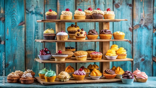 Vibrant display of freshly baked assorted sweet treats on decorative wooden shelves against a light blue rustic background © Caitlin