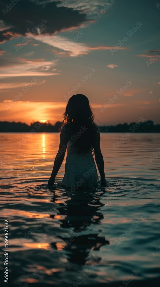 A serene moment as a figure wades through tranquil waters at sunset A serene moment as a figure wades through tranquil waters at sunset