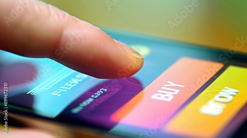 Finger Touching Buy Button on Smartphone. Digital Shopping Experience.