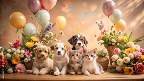 Adorable puppies and kittens surrounded by flowers and balloons in a cozy room with a warm beige background atmosphere. photo