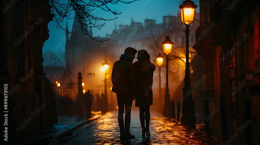 Fototapeta premium Intimate Embrace Under the Warm Glow of a Streetlamp in a Quiet City Street