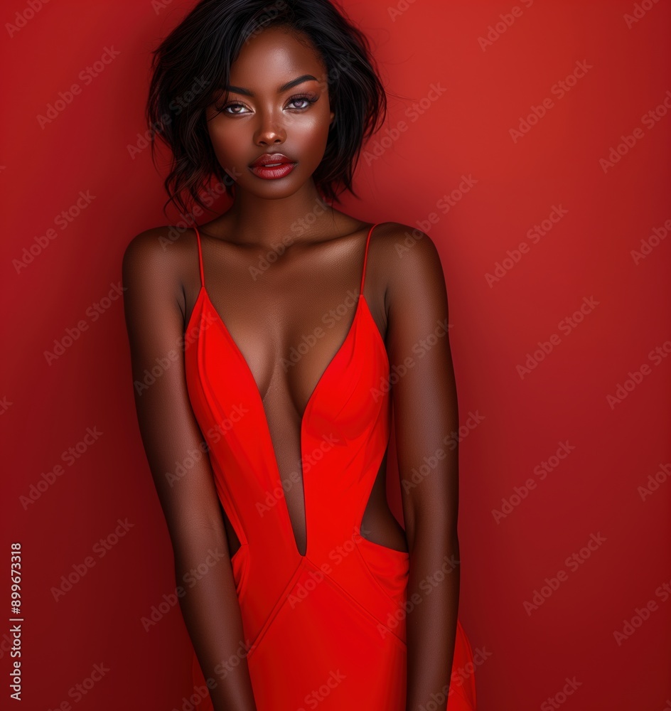 Elegant African American Woman in Plunging Red Dress with Short Black Hair Posing Against Red Background in Chic Fashion Portrait Elegant African American Woman in Plunging Red Dress with Short Black Hair Posing Against Red Background in Chic Fashion Portrait