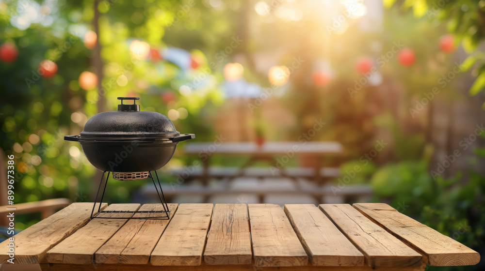 Black grill on wooden table in a backyard setting. .. Black grill on wooden table in a backyard setting. ..