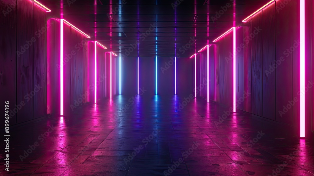 Abstract dark room with neon lights and black walls, great for modern presentations Abstract dark room with neon lights and black walls, great for modern presentations