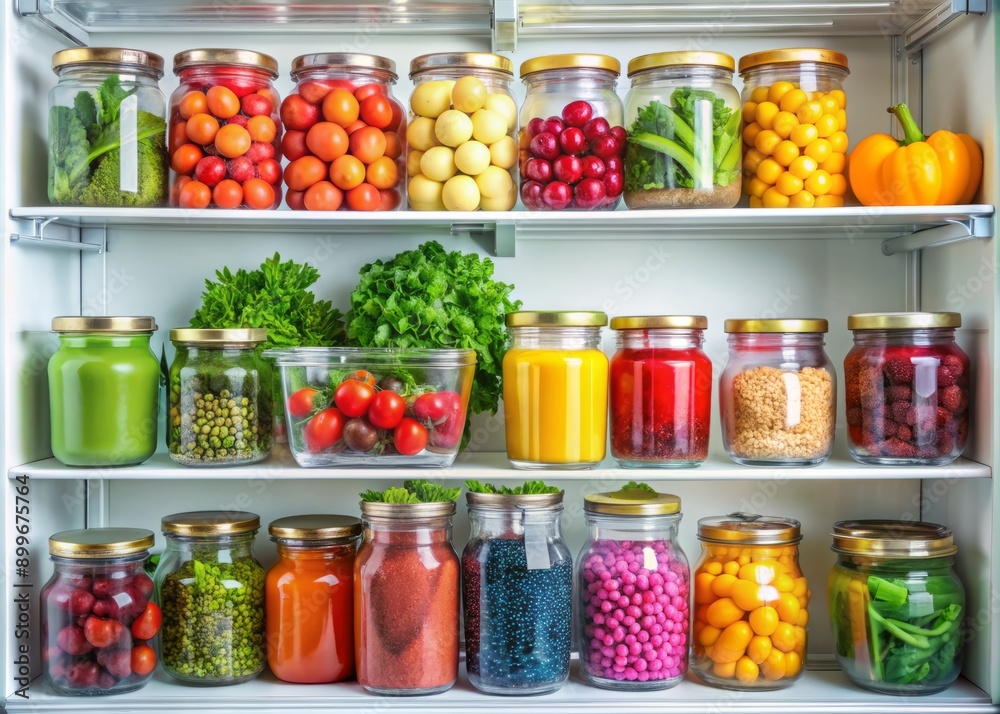 Colorful fresh fruits and vegetables arranged neatly in tidy refrigerator shelves, surrounded by crisp clean containers and sparkling glass jars, exuding freshness and organization.