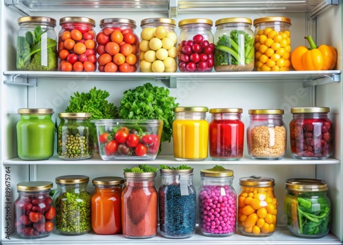 Fototapeta Naklejka Na Ścianę i Meble -  Colorful fresh fruits and vegetables arranged neatly in tidy refrigerator shelves, surrounded by crisp clean containers and sparkling glass jars, exuding freshness and organization.