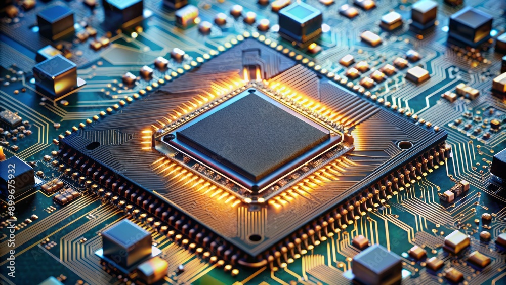 Advanced microchip with intricate circuitry and tiny components illuminated on a powerful computer board with AI technical details. Advanced microchip with intricate circuitry and tiny components illuminated on a powerful computer board with AI technical details.
