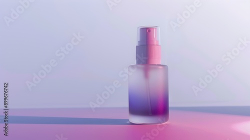 Transparent bottle containing purple liquid and featuring a pink sprayer, is standing on a surface bathed in pink and purple light