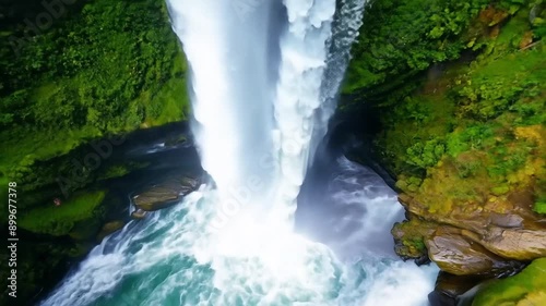 Aerial view of a waterfall fallingdown into a lush, green forest below.
 photo