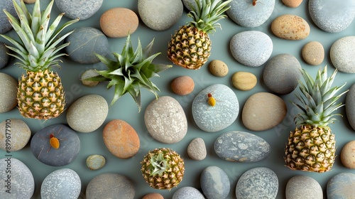 Pineapples and Decorative Stones in Scandinavian Boho Arrangement with Infographic Elements photo