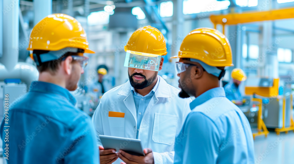 a diverse team of engineers wearing safety helmets, discussing a project in a state-of-the-art factory. One engineer is holding a tablet with holographic project plans and data pro a diverse team of engineers wearing safety helmets, discussing a project in a state-of-the-art factory. One engineer is holding a tablet with holographic project plans and data pro