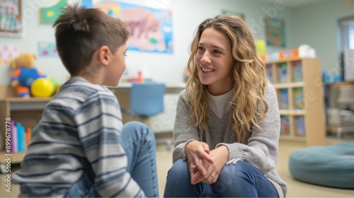 speech-language pathologist working with a child who has difficulty speaking and understanding language