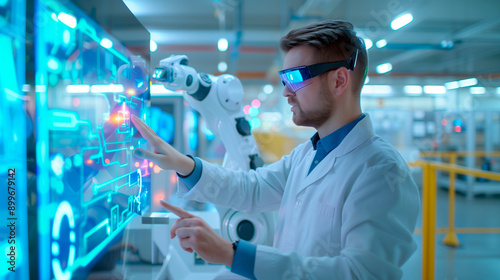 an engineer in a factory controlling robotic arms with a holographic interface, industrial automation, technology, engineering, © Катерина Євтехова