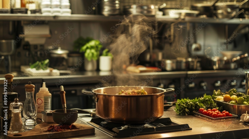 station with a large pot of soup simmering on the stove and an assortment of kitchen utensils and ingredients. station with a large pot of soup simmering on the stove and an assortment of kitchen utensils and ingredients.