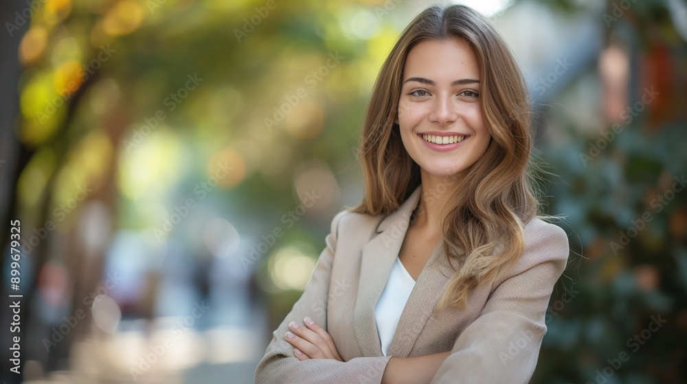 smiling business woman standing on the street, portrait. Proud successful female entrepreneur wearing suit smiling business woman standing on the street, portrait. Proud successful female entrepreneur wearing suit