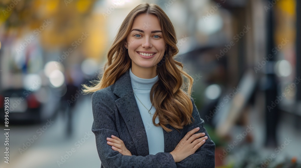 Fototapeta premium smiling business woman standing on the street, portrait. Proud successful female entrepreneur wearing suit