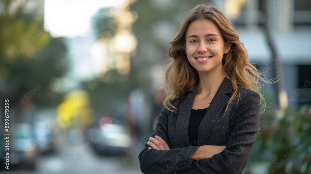 smiling business woman standing on the street, portrait. Proud successful female entrepreneur wearing suit smiling business woman standing on the street, portrait. Proud successful female entrepreneur wearing suit