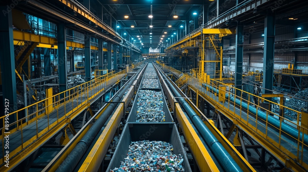 recycling facility with sorting machines, conveyor belts, and workers processing waste materials recycling facility with sorting machines, conveyor belts, and workers processing waste materials