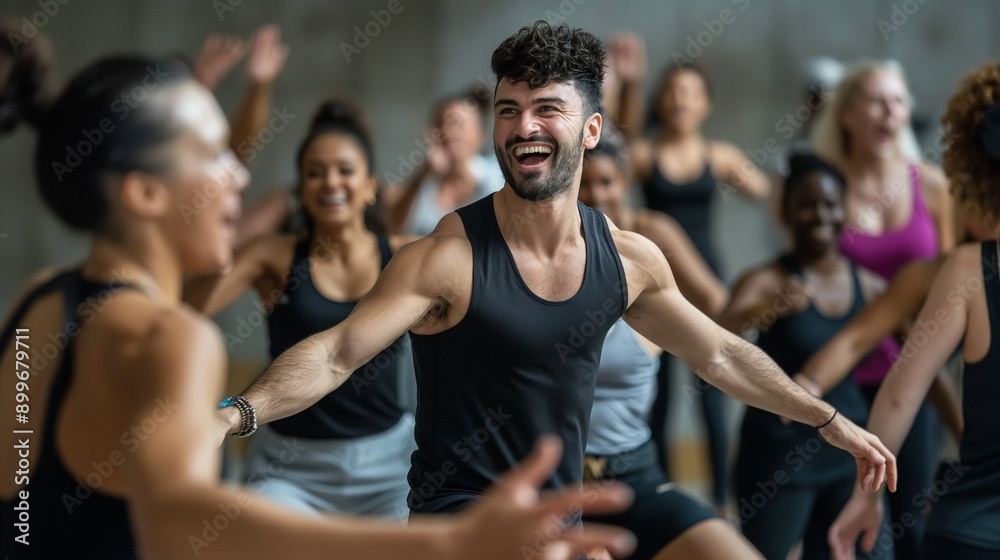 fitness trainer leading a group exercise class, encouraging participants to push themselves fitness trainer leading a group exercise class, encouraging participants to push themselves